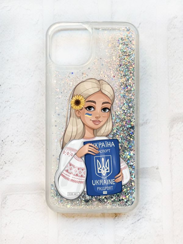 Чохол із плаваючими блискітками на iPhone 14 Срібний :: Дівчина з паспортом (принт 13)