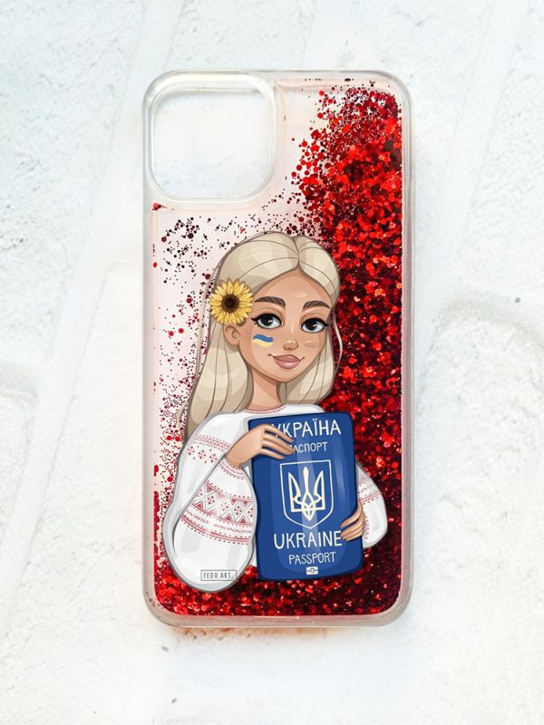 Чохол із плаваючими блискітками на iPhone 13 Червоний :: Дівчина з паспортом (принт 13)