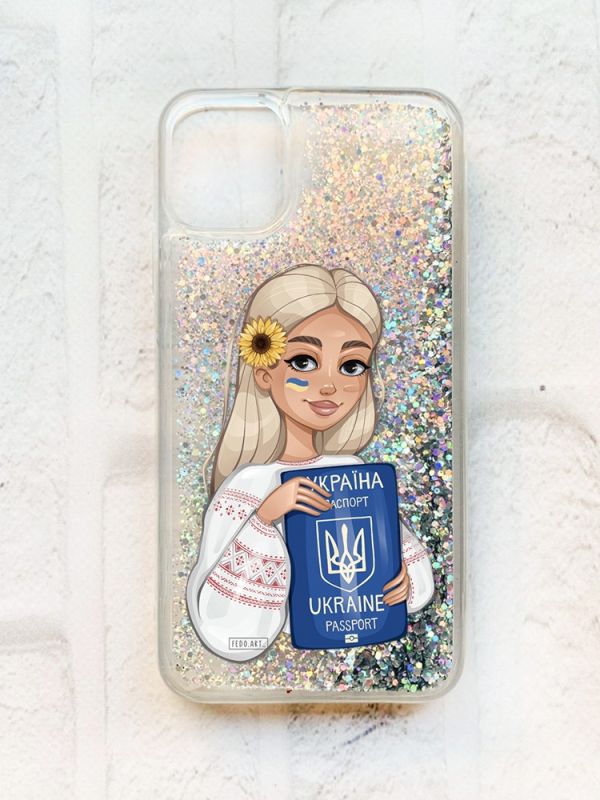 Чохол із плаваючими блискітками на iPhone 11 Срібний :: Дівчина з паспортом (принт 13)