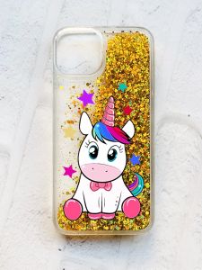 Чохол із плаваючими блискітками на iPhone 14 Золотий :: Єдиноріг (принт 102)