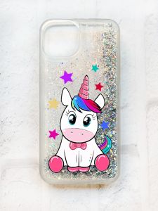 Чохол із плаваючими блискітками на iPhone 14 Срібний :: Єдиноріг (принт 102)