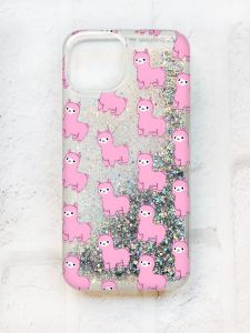 Чохол із плаваючими блискітками на iPhone 14 Срібний :: Лами рожеві (принт 101)