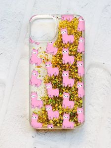 Чохол із плаваючими блискітками на iPhone 13 Золотий :: Лами рожеві (принт 101)