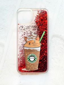 Чохол із плаваючими блискітками на iPhone 14 Червоний :: Капучіно котик (принт 97)