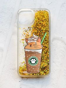 Чохол із плаваючими блискітками на iPhone 14 Золотий :: Капучіно котик (принт 97)