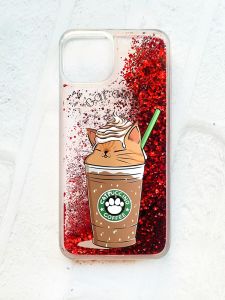 Чохол із плаваючими блискітками на iPhone 13 Червоний :: Капучіно котик (принт 97)