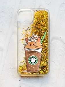Чохол із плаваючими блискітками на iPhone 13 Золотий :: Капучіно котик (принт 97)