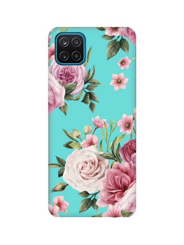 Матовий бірюзовий чохол на Samsung Galaxy A12 :: Рожеві квіти (принт 287)