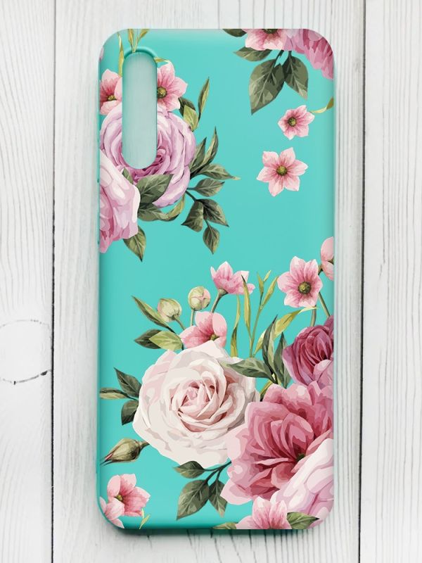 Матовий бірюзовий чохол на Samsung Galaxy A50 (2019) A505/A30s :: Рожеві квіти (принт 287)