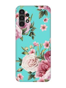 Матовий бірюзовий чохол на Samsung Galaxy A13 4G :: Рожеві квіти (принт 287)