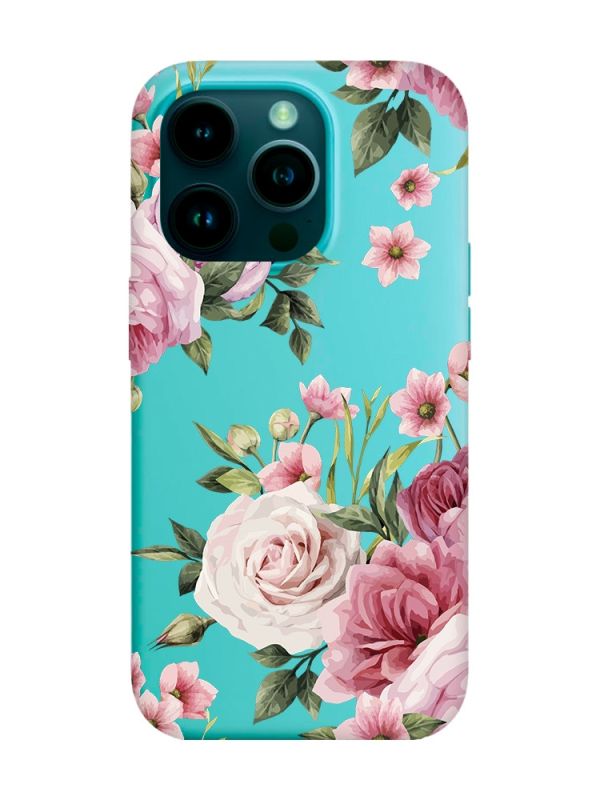 Матовий бірюзовий чохол на Apple iPhone 14 Pro :: Рожеві квіти (принт 287)