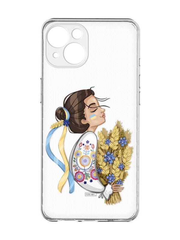 Прозорий чохол із захистом камер на iPhone 15 :: Українка з колосками (принт 172)