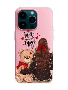 Матовий рожевий чохол на Apple iPhone 14 Pro :: Дівчина з ведмедиком (принт 188)