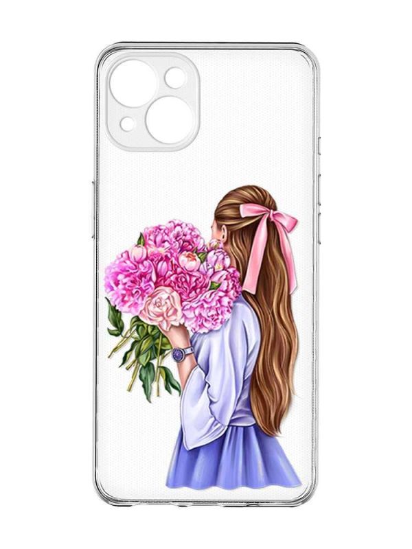 Прозорий чохол із захистом камер на iPhone 15 Plus :: Дівчина з півоніями (принт 11)