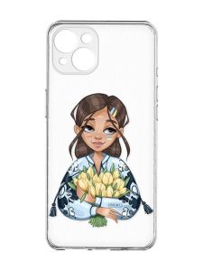 Прозорий чохол із захистом камер на iPhone 15 Plus :: Дівчина з тюльпанами (принт 22)