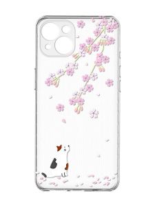 Прозорий чохол із захистом камер на iPhone 15 Plus :: Котик і сакура (принт 283)