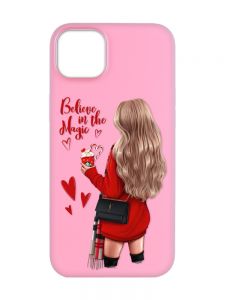 Матовий рожевий чохол на  Apple iPhone 14 :: Дівчина з кавою (принт 137)