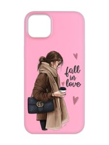 Матовий рожевий чохол на  Apple iPhone 14 :: Дівчина з кавою (принт 112)