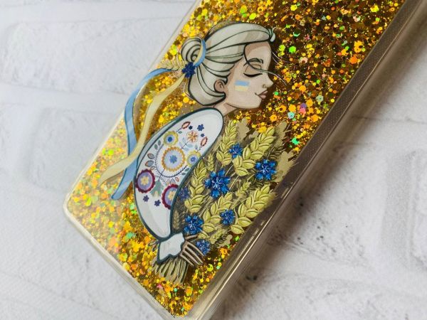 Чохол з плаваючими блискітками Samsung A12 Золотий :: Українка з колосками (принт 173)