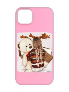 Матовий рожевий чохол на  Apple iPhone 14 :: Дівчинка з ведмедиком (принт 117)