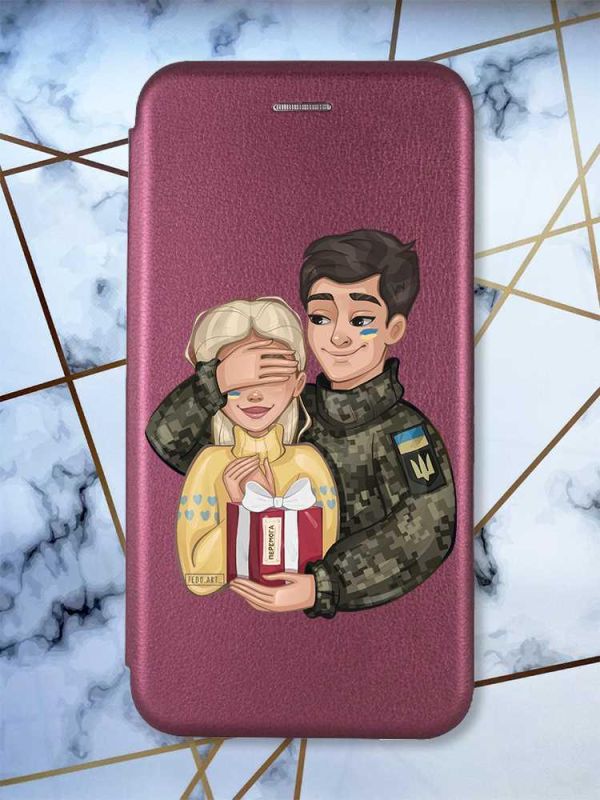 Чохол-книжка з малюнком для Xiaomi Redmi Note 8 Pro Бордовий :: Подарунок Перемога (патріотичний принт 178)