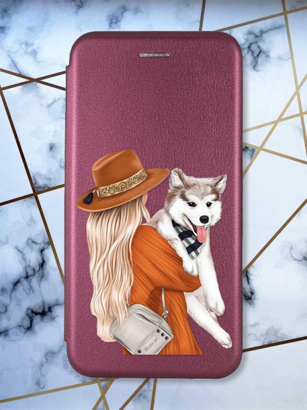 Чохол-книжка з малюнком для Samsung Galaxy A34 5G Бордовий :: Дівчина з песиком (принт 115)