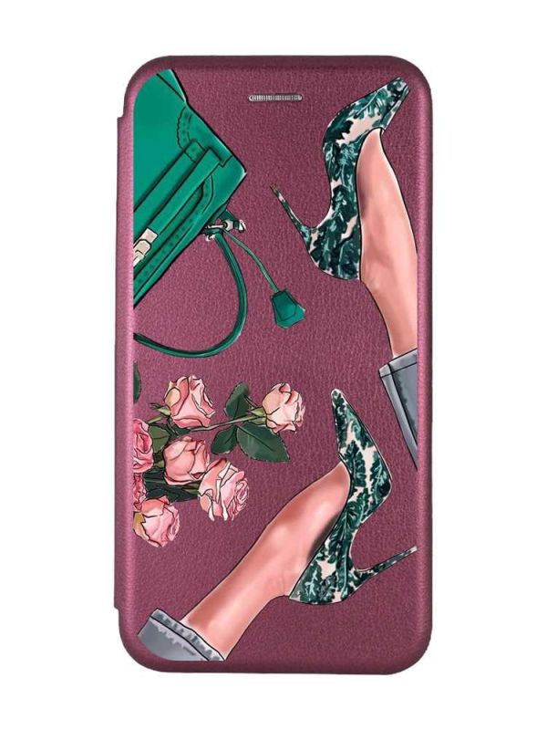 Чохол-книжка з малюнком для Xiaomi Redmi Note 8 Pro Бордовий :: Туфельки і квіти (принт 225)