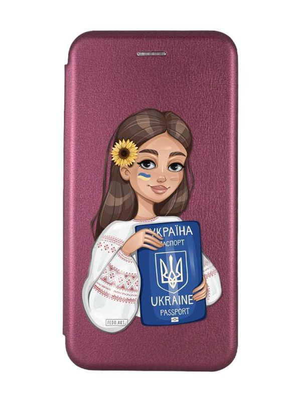 Чохол-книжка з малюнком для Xiaomi Redmi Note 8 Бордовий :: Дівчина з паспортом (принт 12)