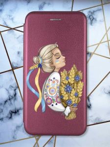 Чохол-книжка з малюнком для iPhone 11 Бордовий :: Українка з колосками (принт 173)