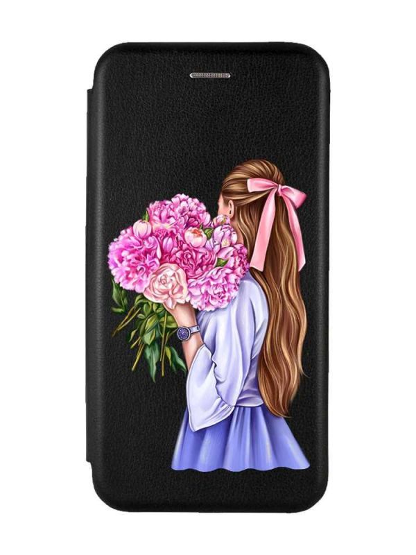 Чохол-книга з малюнком для Samsung Galaxy M13 4G Чорний :: Дівчина з півоніями (принт 11)