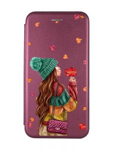 Чохол-книжка з малюнком для iPhone 11 Бордовий :: Дівчина з листям (принт 221)