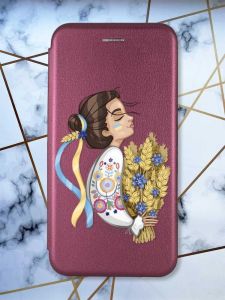 Чохол-книжка з малюнком для Samsung Galaxy S21 FE  Бордовий :: Українка з колосками (патріотичний принт 172)