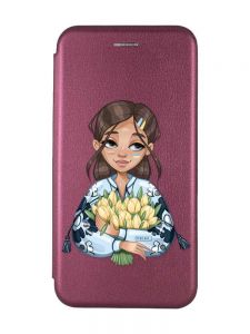 Чохол-книжка з малюнком для Samsung Galaxy А31 Бордовий :: Дівчина з тюльпанами (принт 22)