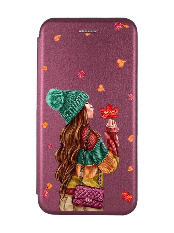 Чохол-книжка з малюнком для Samsung Galaxy А31 Бордовий :: Дівчина з листям (принт 221)