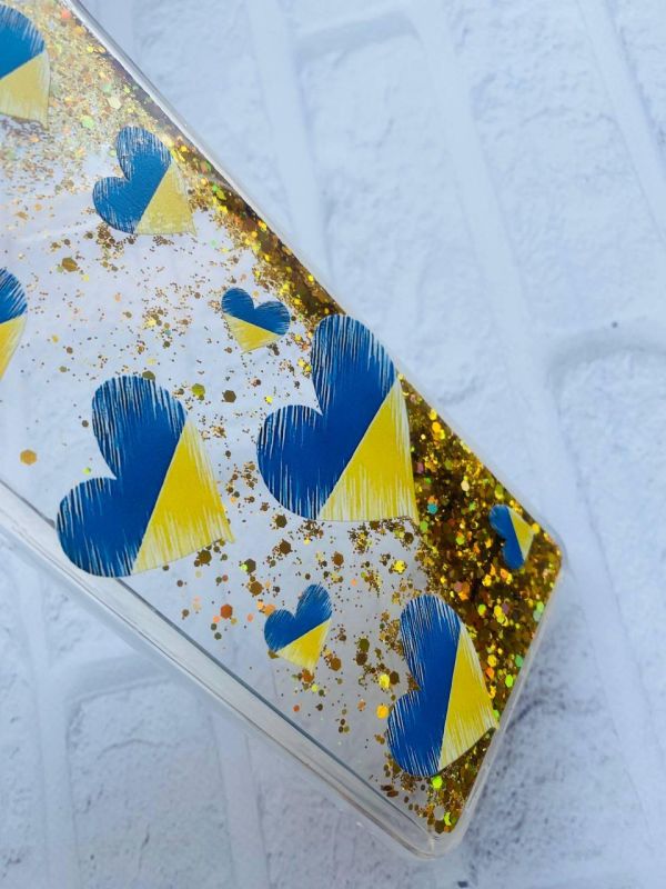 Чохол з плаваючими блискітками на TECNO Spark Go 2022 Золотий :: Сердечка. Україна (принт 258)