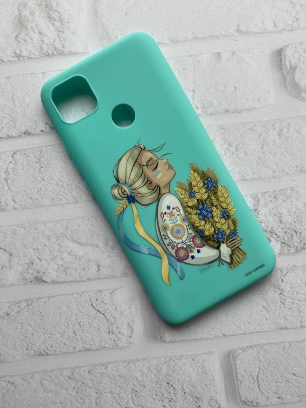 Матовий бірюзовий чохол на Xiaomi Redmi 9C / 10A патріотичний дизайн Українка з колосками принт 173