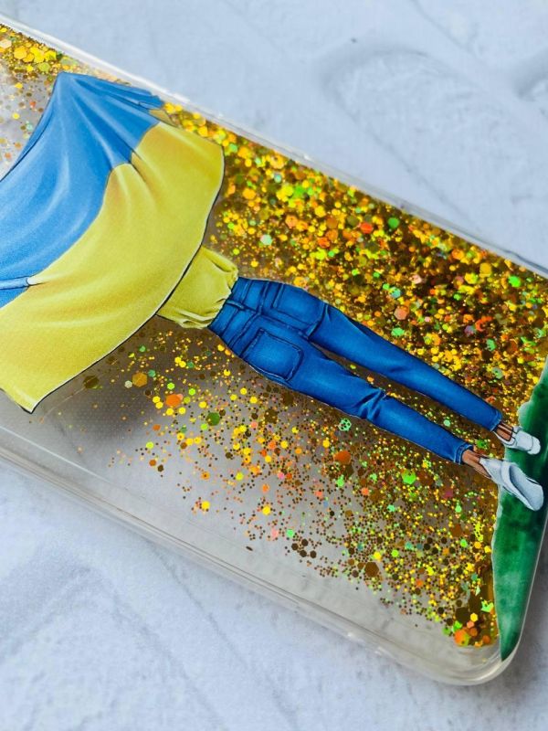 Чохол із плаваючими блискітками на iPhone 14 Золотий :: Дівчина з прапором (принт 263)