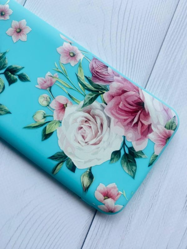 Матовий бірюзовий чохол на Samsung Galaxy A12 :: Рожеві квіти (принт 287)