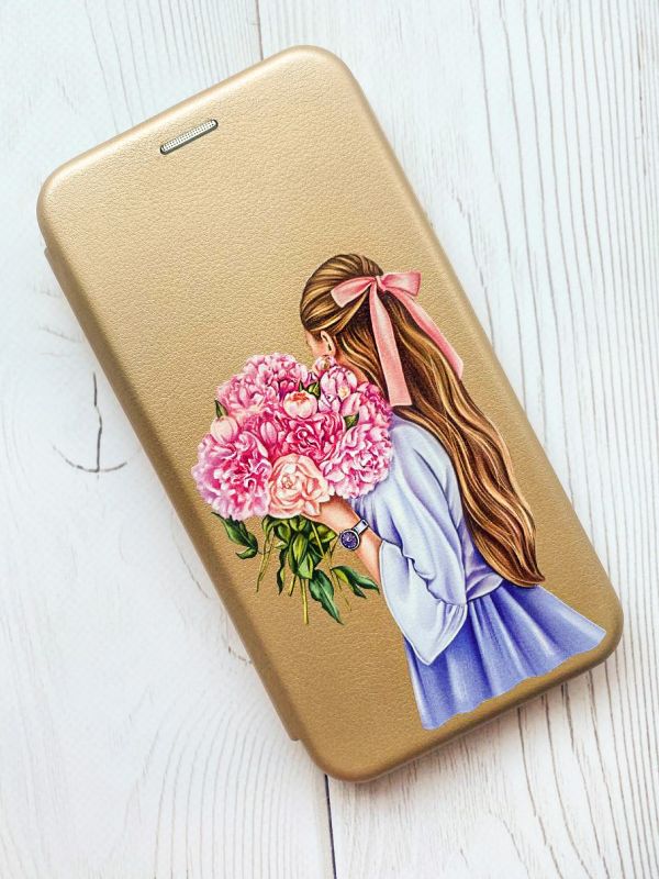 Чохол-книжка з малюнком для Samsung Galaxy A22 4G/ M22/ M32 Золотий :: Дівчина з півоніями (принт 11)