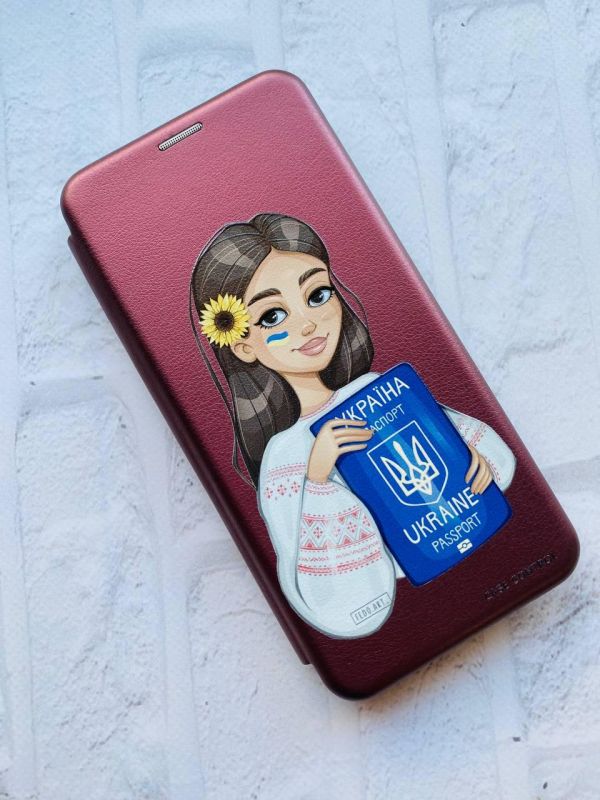 Чохол-книжка з малюнком для Samsung Galaxy S21 FE  Бордовий :: Дівчина з паспортом (принт 12)