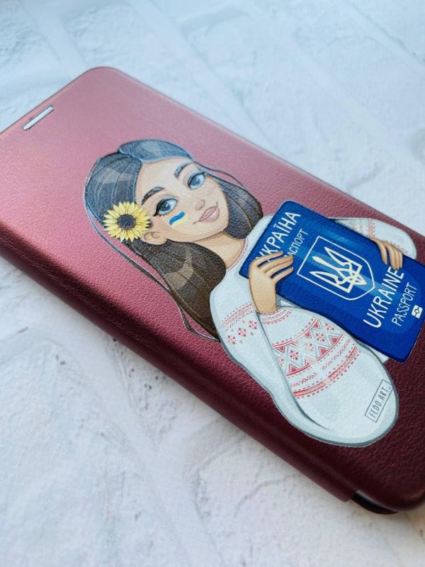 Чохол-книжка з малюнком для Samsung Galaxy S20 FE (G780) Бордовий :: Дівчина з паспортом (принт 12)