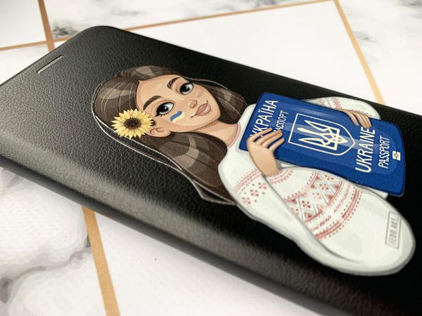 Чохол-книжка з малюнком для Xiaomi Redmi Note 12S Чорний :: Дівчина з паспортом (принт 12)