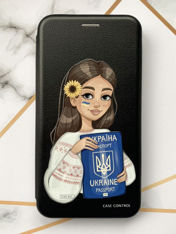 Чохол-книжка з малюнком для Samsung Galaxy M14 Чорний :: Дівчина з паспортом (принт 12)