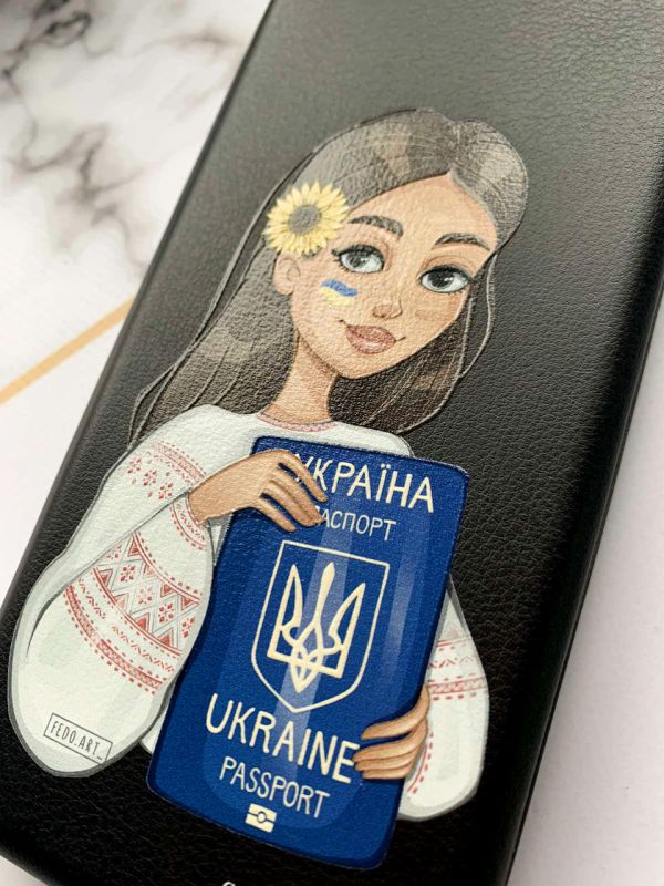 Чохол-книжка з малюнком для Xiaomi Redmi Note 8T Чорний :: Дівчина з паспортом (патріотичний принт 12)