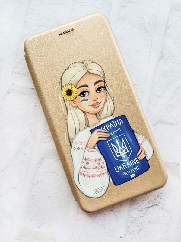Чохол-книжка з малюнком для Xiaomi Redmi 9А Золотий :: Дівчина з паспортом (принт 13)