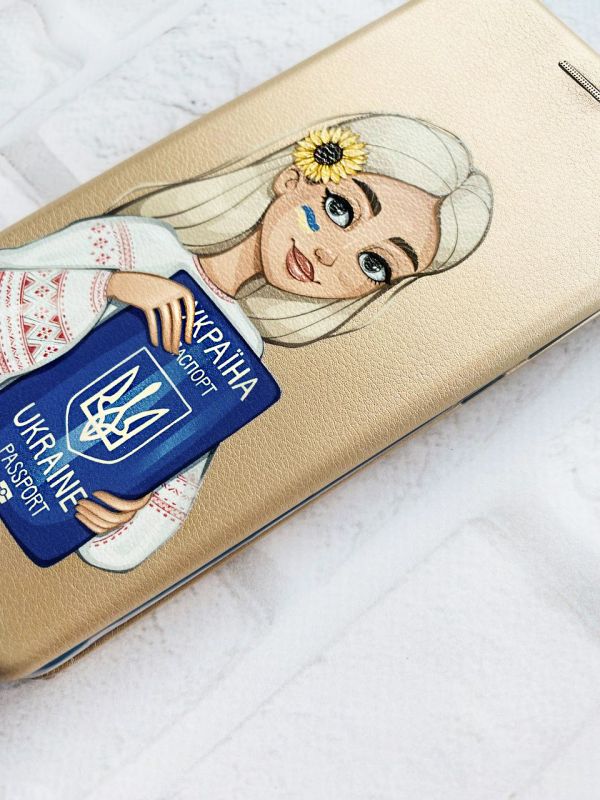 Чохол-книжка з малюнком для Samsung Galaxy А10ѕ/ A107 Золотий :: Дівчина з паспортом (принт 13)