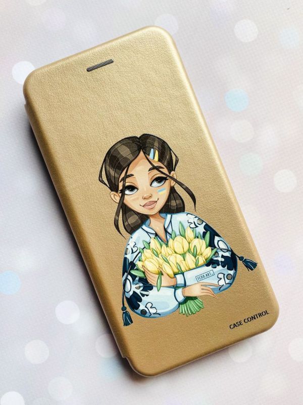 Чохол-книжка з малюнком для Samsung Galaxy A32 Золотий; Дівчина з тюльпанами (патріотичний принт 22)