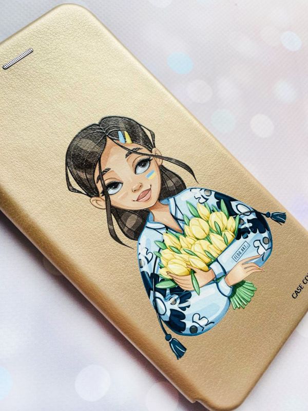 Чохол-книжка з малюнком для Samsung Galaxy A04 Золотий :: Дівчина з тюльпанами (принт 22)