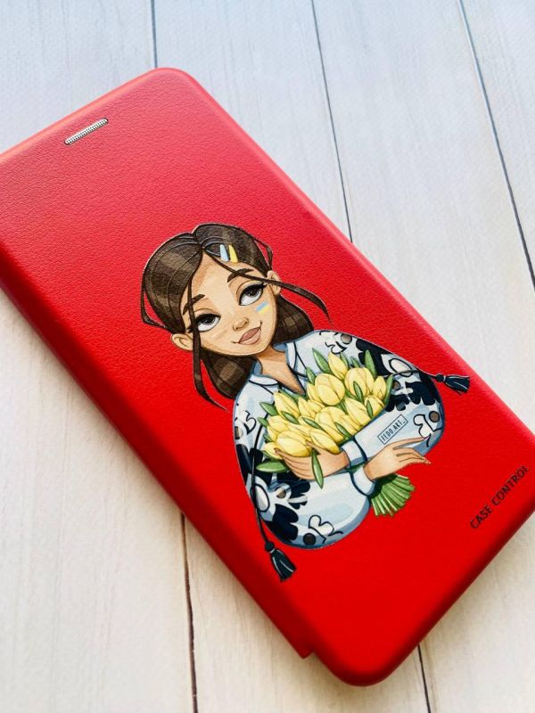 Чохол-книжка з малюнком для Xiaomi Redmi Note 8T Червоний; Дівчина з тюльпанами (патріотичний принт 22)