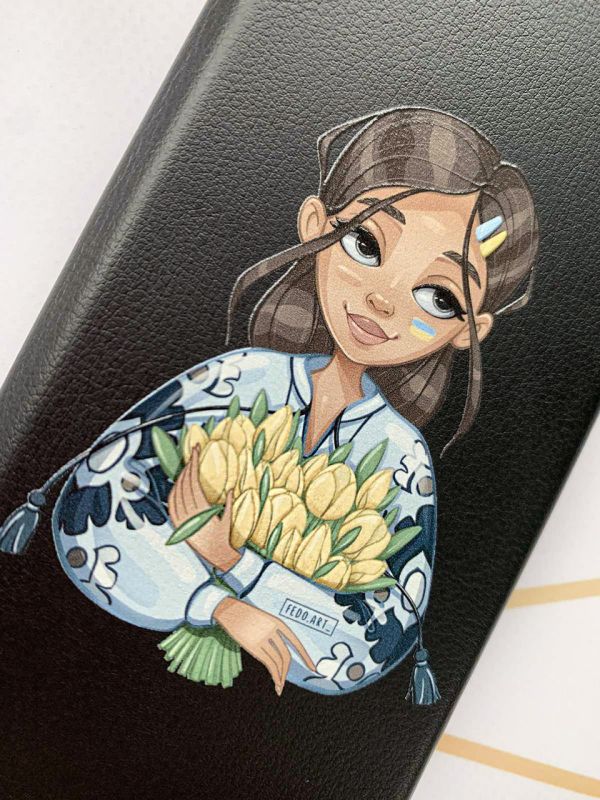 Чохол-книжка з малюнком для Samsung Galaxy J2 Pro (2018) J250 Чорний; Дівчина з тюльпанами (патріотичний принт 22)